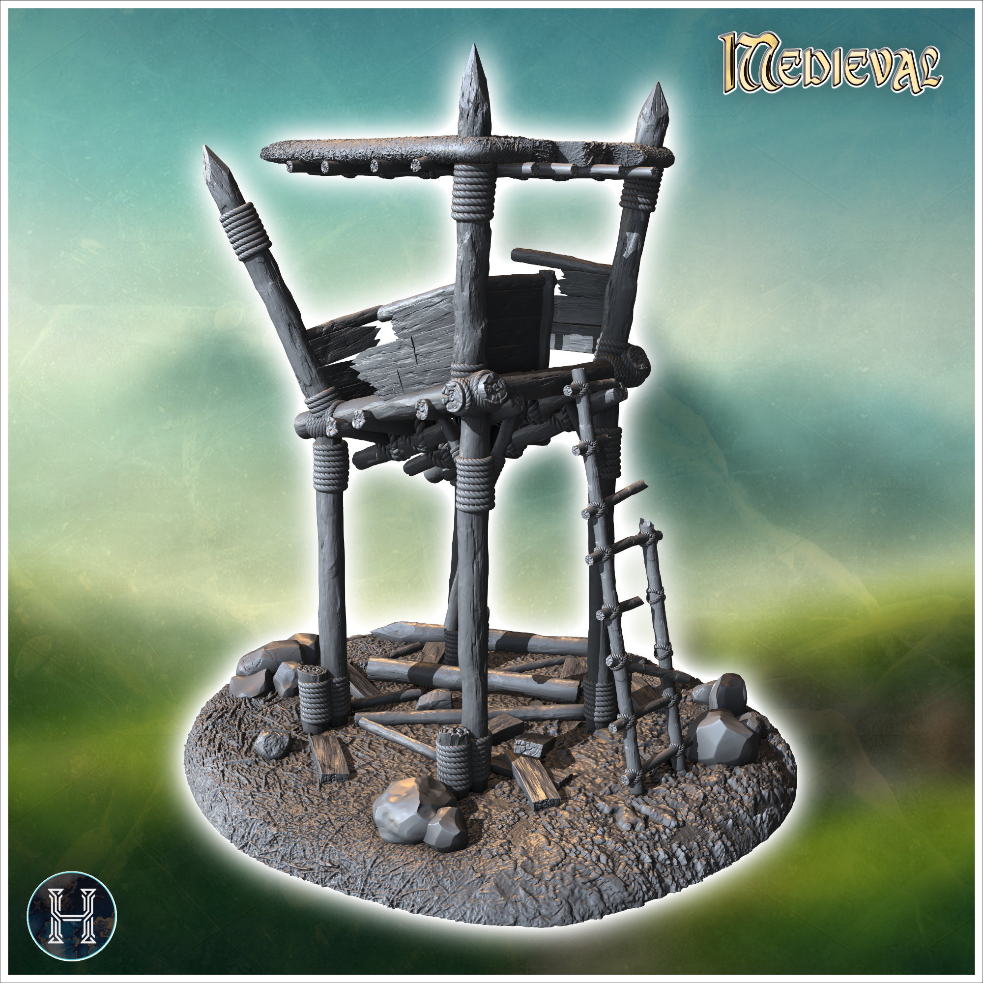 Wooden lookout platform supported by logs with a rope ladder and rocks scattered on the ground (22) - Medieval Gothic Feudal Old Archaic Saga 28mm 15mm RPG